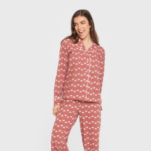 Pigiama lungo giacca cotone donna Calendula marsala 2