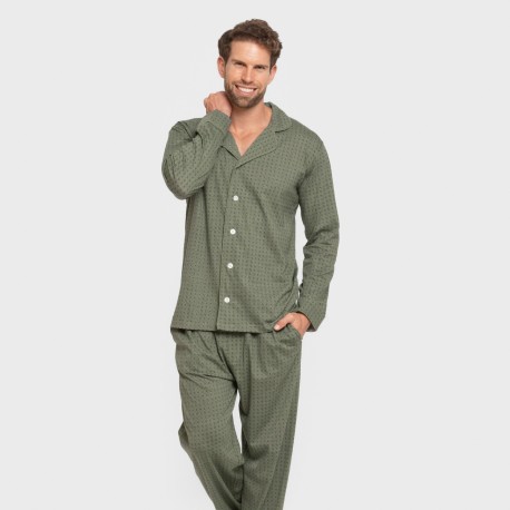Pigiama lungo giacca cotone uomo Conde verde militare