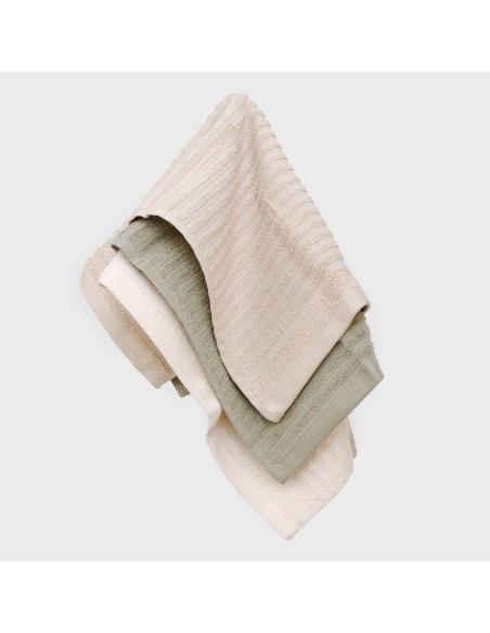 Set di 3 strofinacci da cucina in cotone tinta unita bianco antico/grigio topo/verde salvia