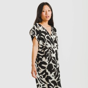 Vestito corto manica ampia viscosa bambula Teudis beige - nero 2