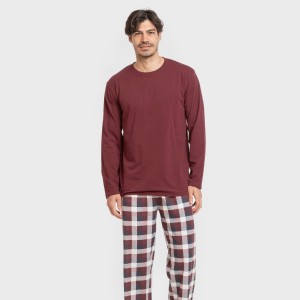 Pigiama lungo uomo cotone Cuadro Ferni bordeaux