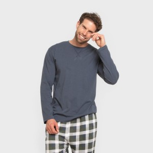 Pigiama lungo uomo cotone Cuadro Ferni blu navy