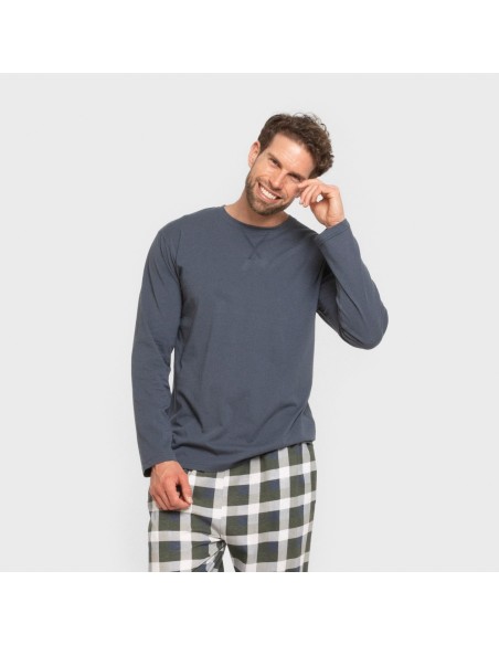 Pigiama lungo uomo cotone Cuadro Ferni blu navy