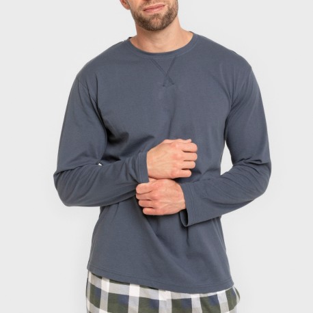 Pigiama lungo uomo cotone Cuadro Ferni blu navy