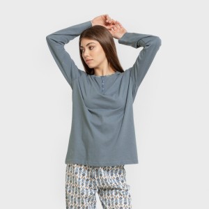 Pigiama lungo cotone Hibisco blu acqua