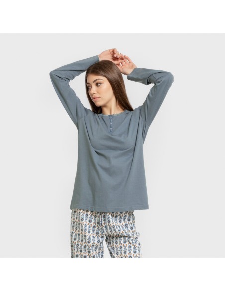 Pigiama lungo cotone Hibisco blu acqua