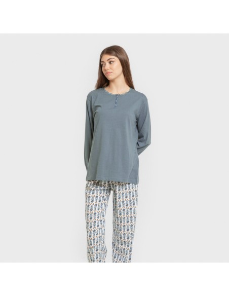 Pigiama lungo cotone Hibisco blu acqua