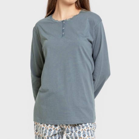 Pigiama lungo cotone Hibisco blu acqua