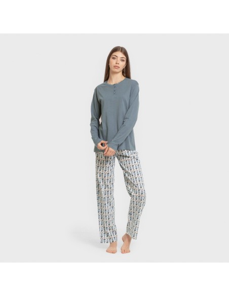 Pigiama lungo cotone Hibisco blu acqua