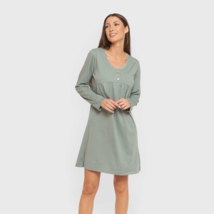 Camicia da notte in cotone a manica lunga con pizzo in tinta unita