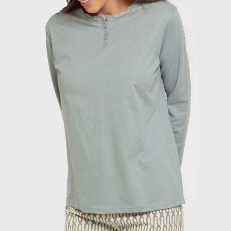 Pigiama lungo cotone Eucalipto celeste