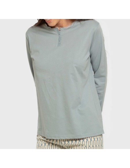 Pigiama lungo cotone Eucalipto celeste