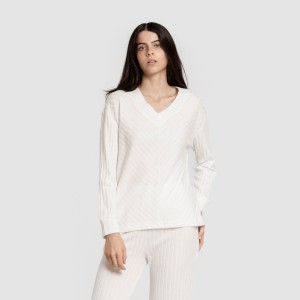 Jersey a collo a V in poliamide a coste per donna 2
