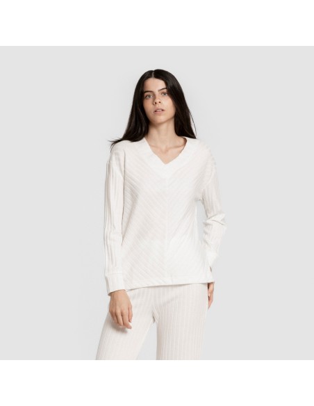 Jersey a collo a V in poliamide a coste per donna