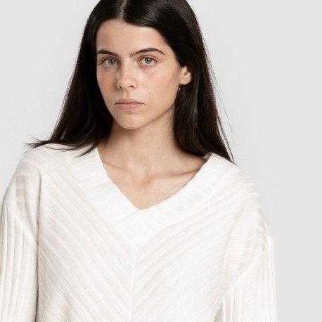 Jersey a collo a V in poliamide a coste per donna