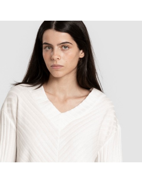 Jersey a collo a V in poliamide a coste per donna