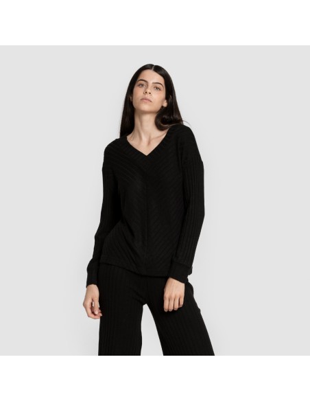 Jersey a collo a V in poliamide a coste per donna