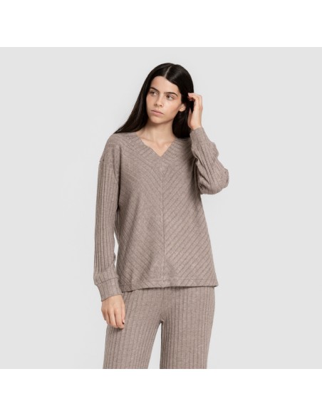 Jersey a collo a V in poliamide a coste per donna