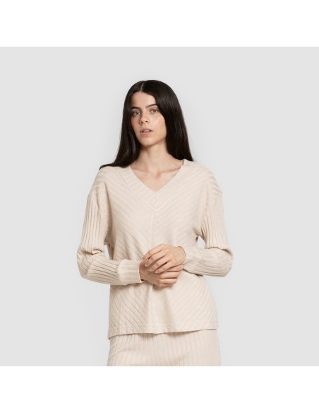 Jersey a collo a V in poliamide a coste per donna