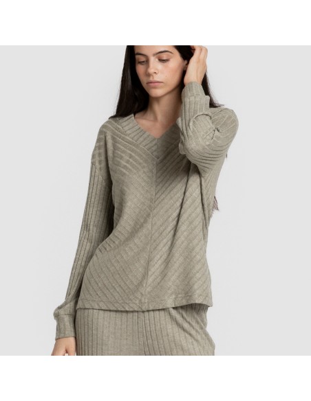 Jersey a collo a V in poliamide a coste per donna