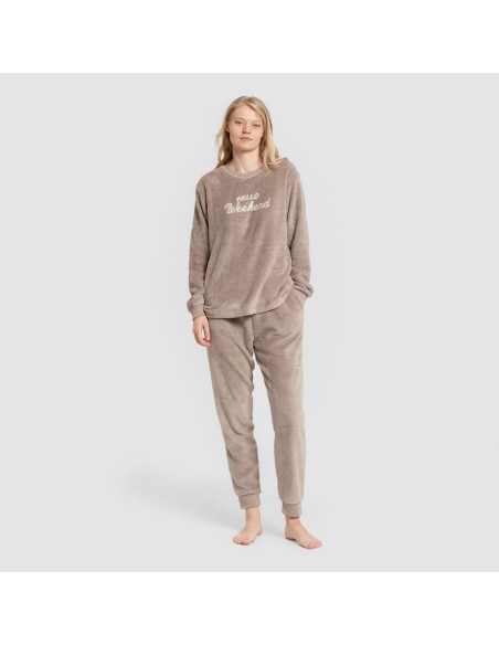 Pigiama coral polsini donna Hello Weekend marrone Pigiama coral polsini donna Hello Weekend marrone