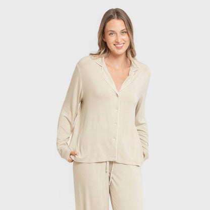 Pijama manga larga camisero viscosa punto mujer Beige