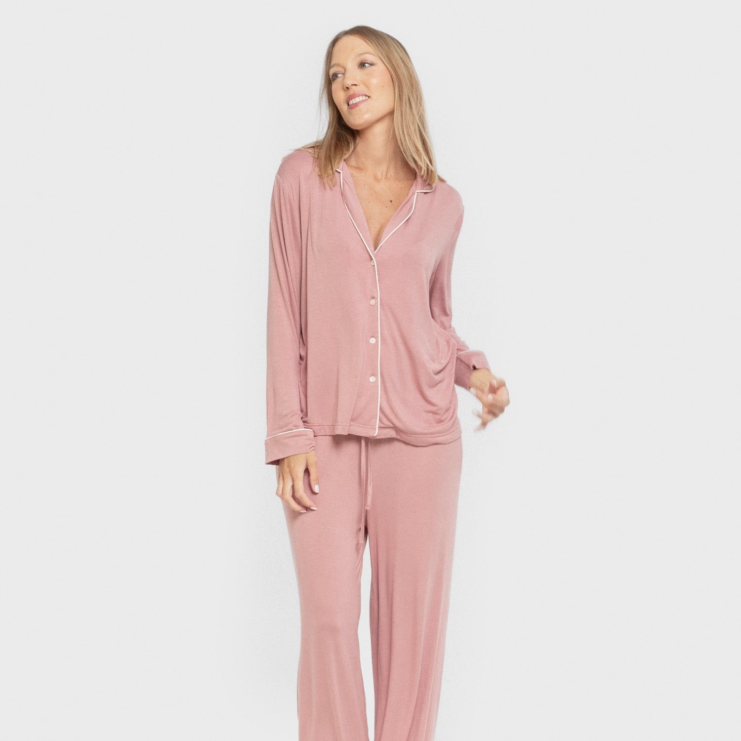 Pijama manga larga camisero viscosa punto mujer Rosa Malva