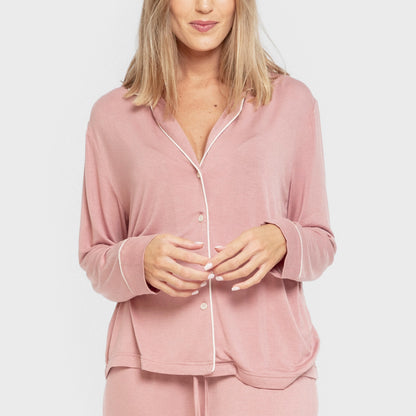 Pijama manga larga camisero viscosa punto mujer Rosa Malva