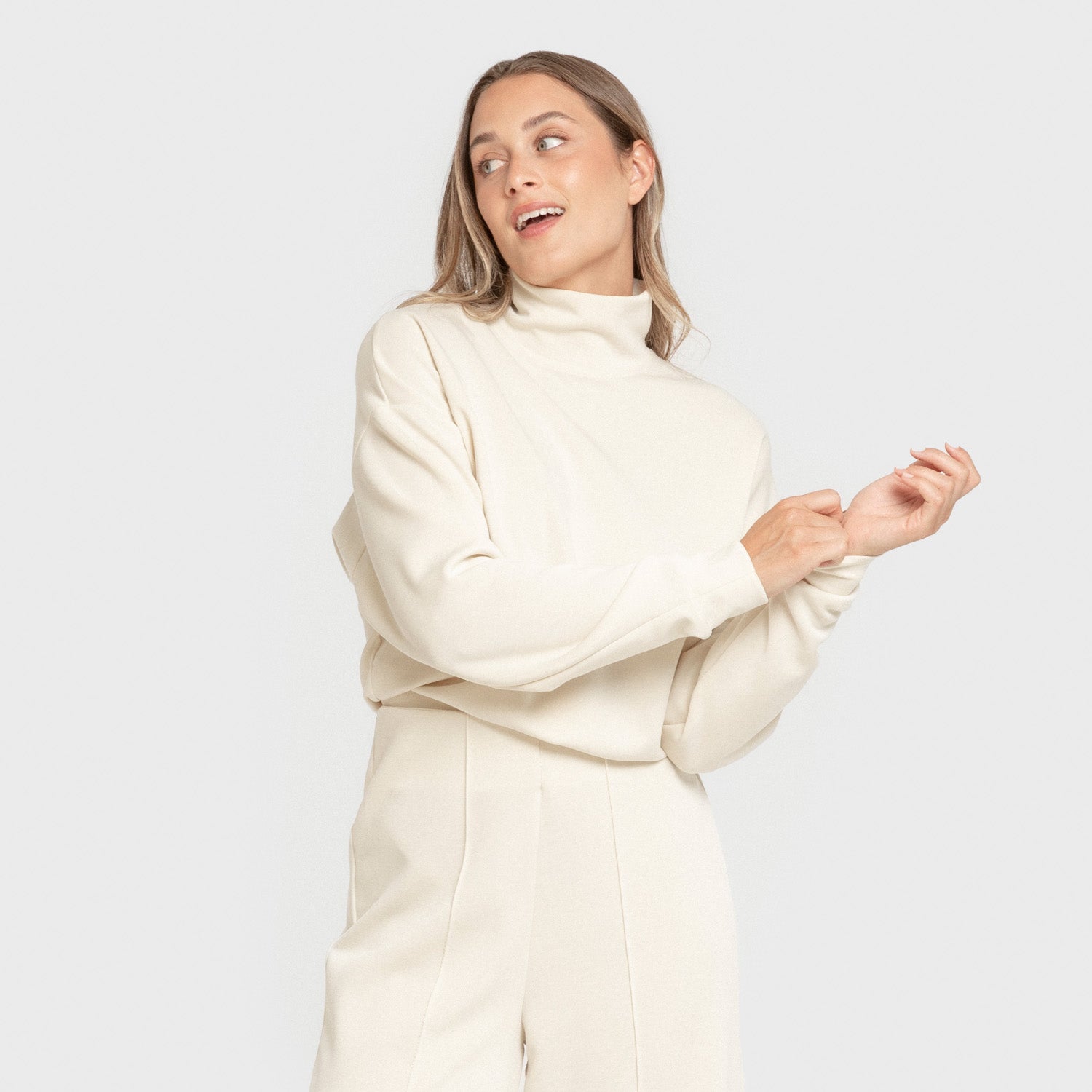 Sudadera cuello subido estilo modal mujer blanco natural