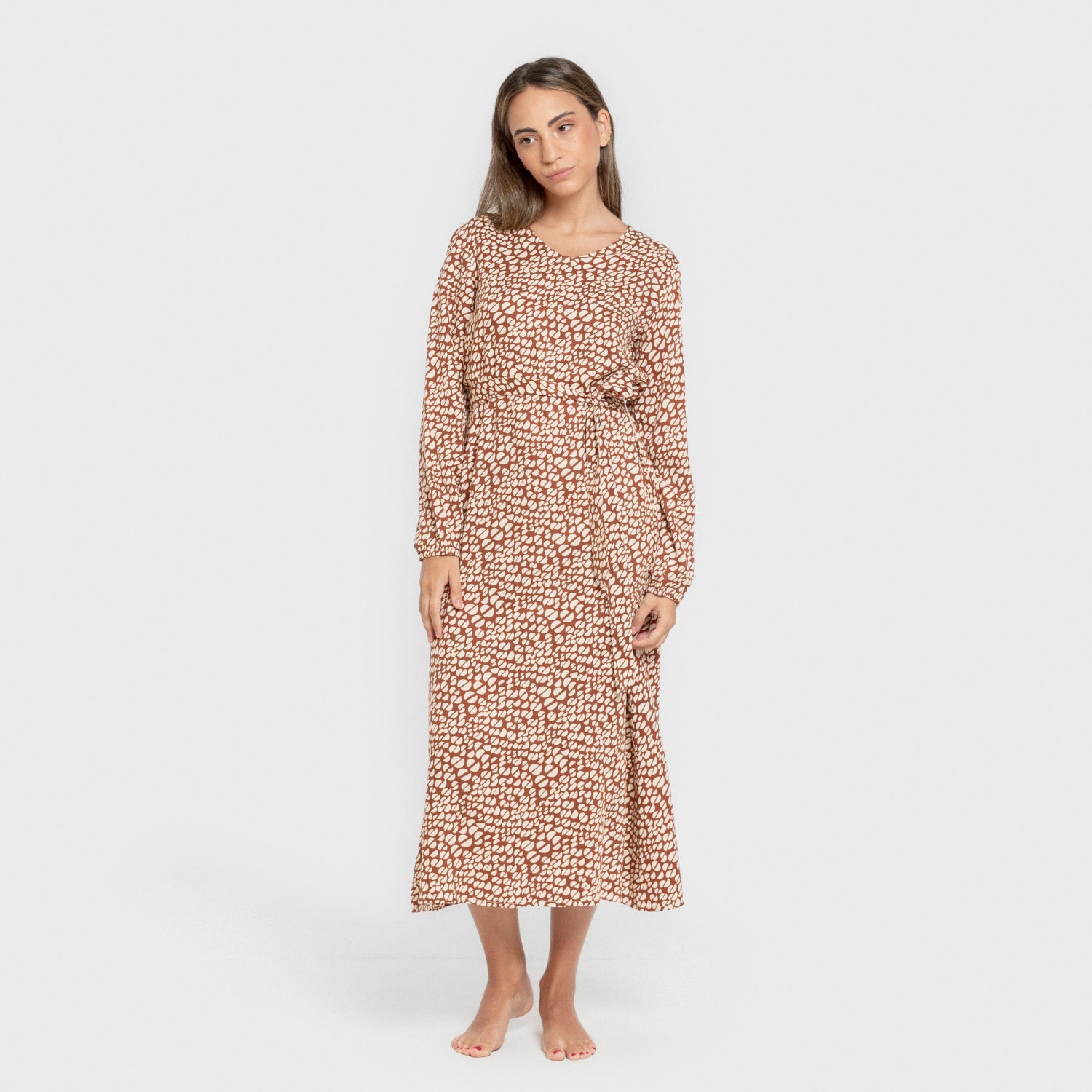 Vestido midi manga larga pico viscosa Serum teja