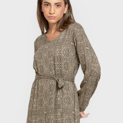 Vestido midi manga larga pico viscosa Dalias verde cacería