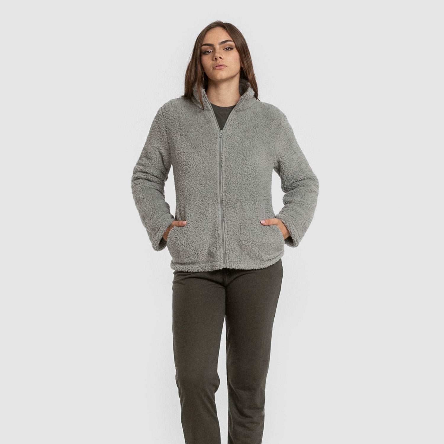 Sudadera sherpa mujer gris verdoso