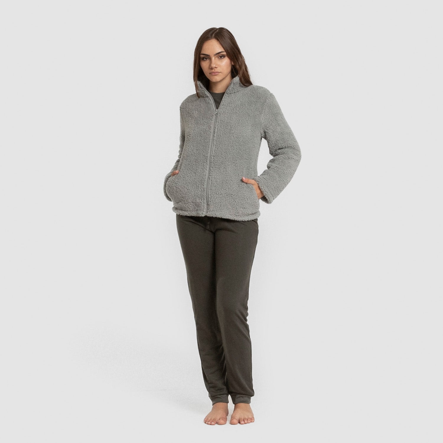 Sudadera sherpa mujer gris verdoso